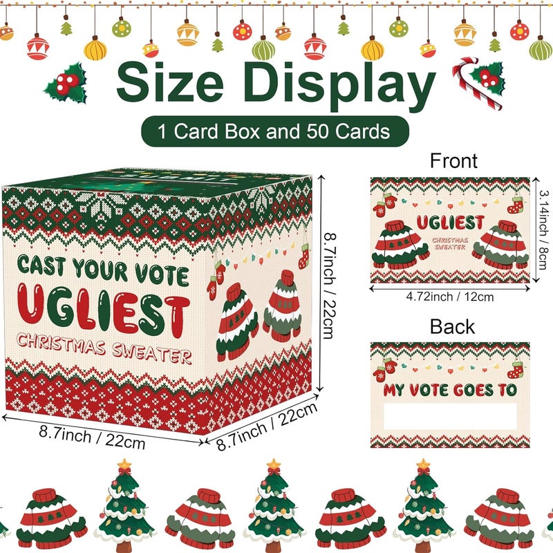 CINSOEN Christmas Ugly Sweater Contest Ballot Card Box, Decorative Christmas Voting Card Box Set with 50 Ballot Voting Cards, Cast Votes for Ugliest Sweater Holiday Xmas Games Party Decorations - Image 4